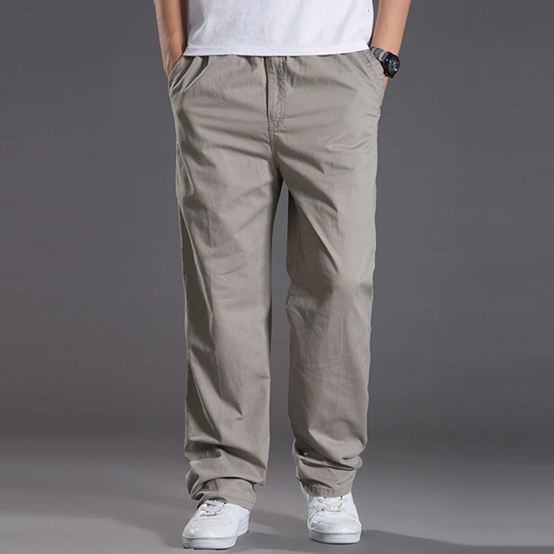 Mens casual Cargo Cotton pants men pocket loose Straight Pants Elastic