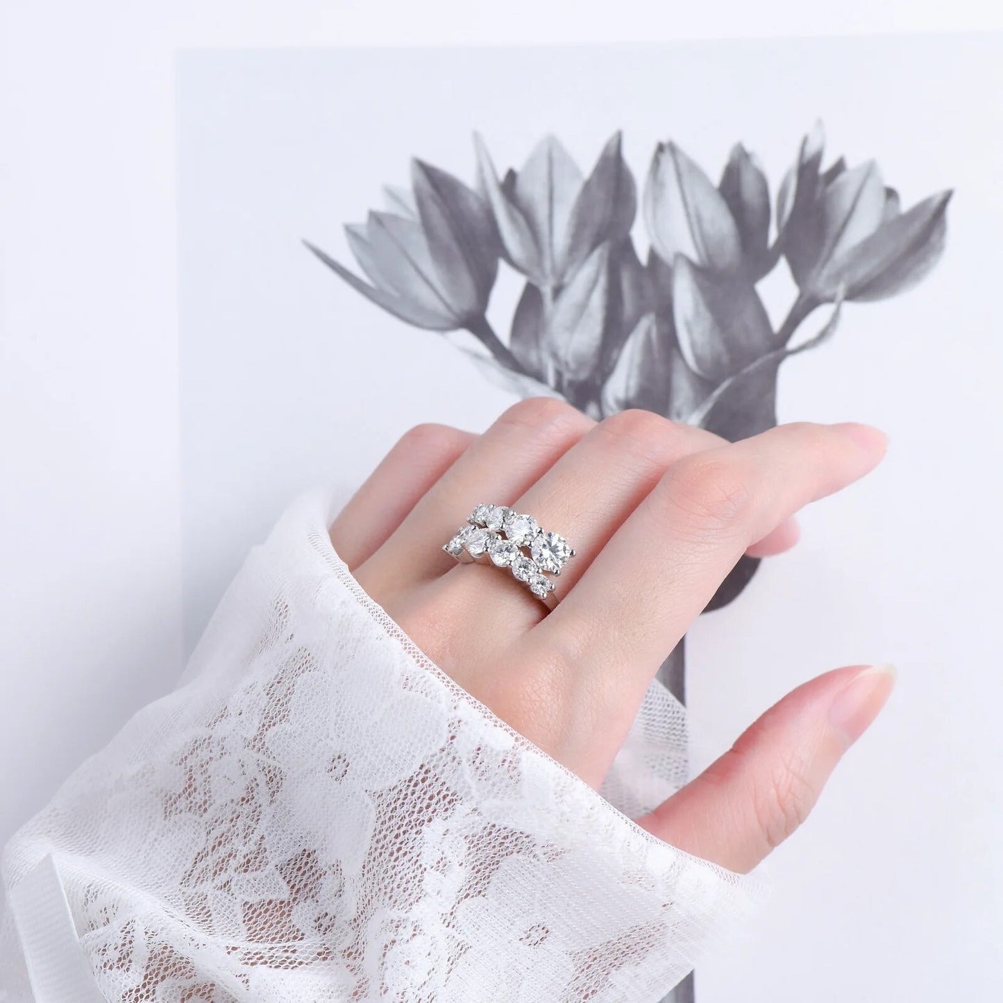 Smyoue 10 Gems Full Moissanite Rings for Women Sparkling Flawless Lab