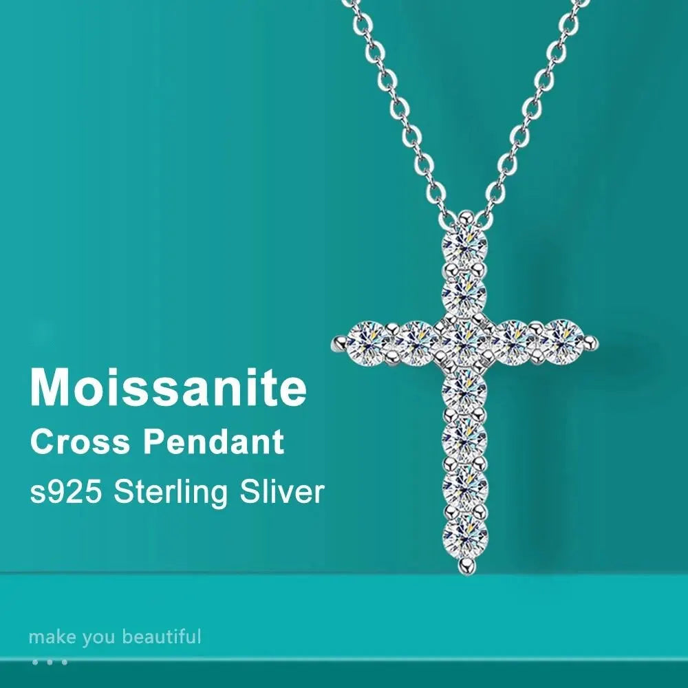 Full Moissanite Cross Pendant Necklace Original 925 Sterling Sliver