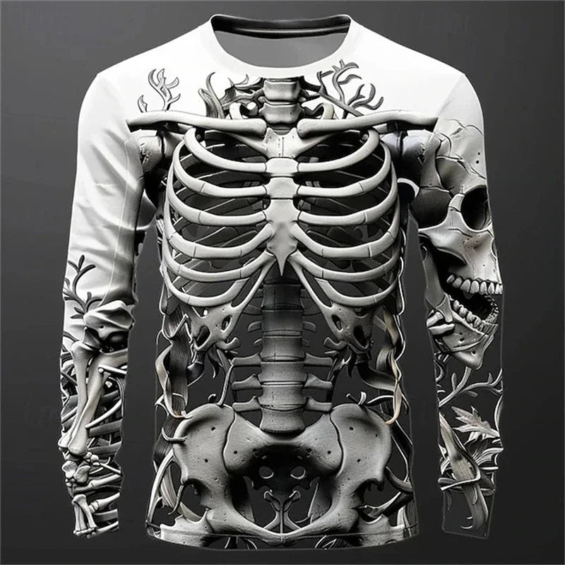 Men Long Sleeve T-shirt 3D Print Skeleton Skulls Pattern Tops Casual