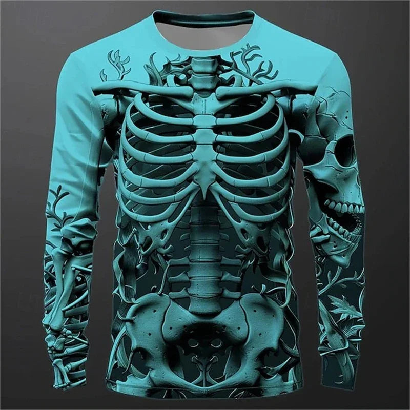 Men Long Sleeve T-shirt 3D Print Skeleton Skulls Pattern Tops Casual