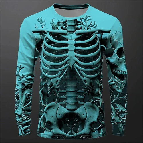 Men Long Sleeve T-shirt 3D Print Skeleton Skulls Pattern Tops Casual