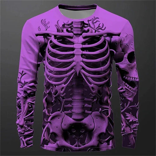 Men Long Sleeve T-shirt 3D Print Skeleton Skulls Pattern Tops Casual