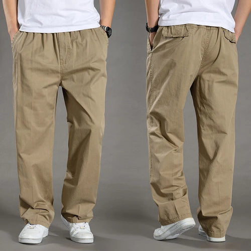 Mens casual Cargo Cotton pants men pocket loose Straight Pants Elastic