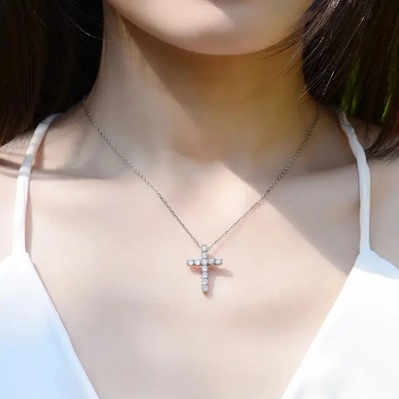 Full Moissanite Cross Pendant Necklace Original 925 Sterling Sliver