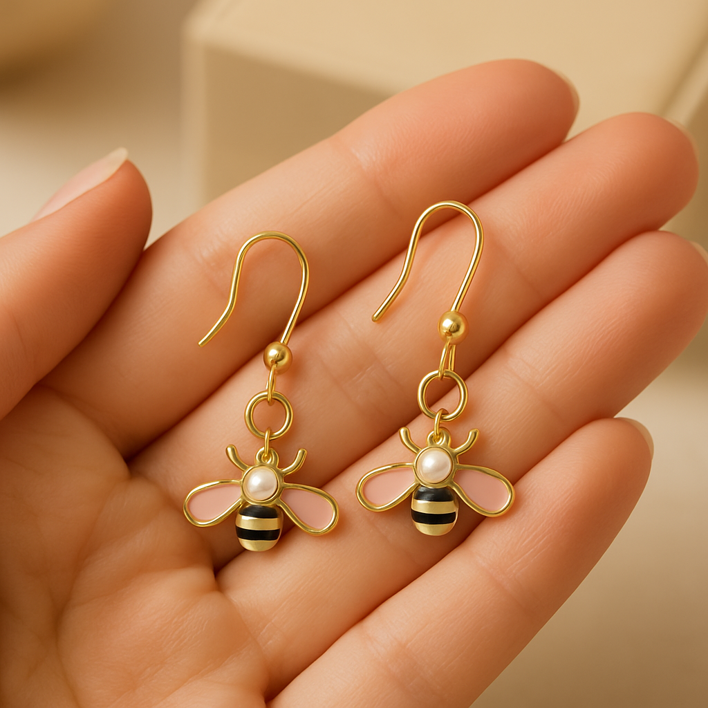 Handmade Bee Earrings and Pearl Detail,18k gold plated