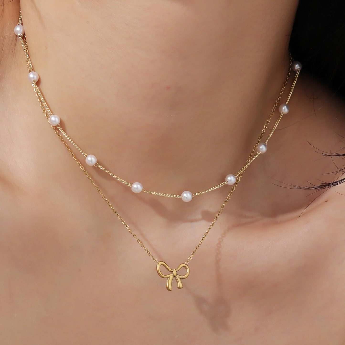 Simple Pearl Double Layer Choker Fashion Gold Color Necklaces Chain