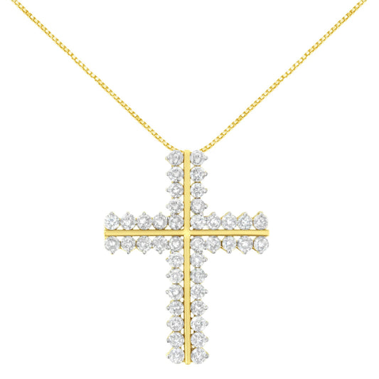 10K Yellow Gold 4.0 Cttw Diamond Two Row Cross 18" Pendant Necklace