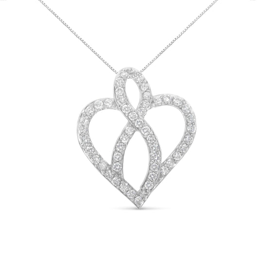 14KT White Gold 1 cttw Diamond Heart Ribbon Pendant Necklace