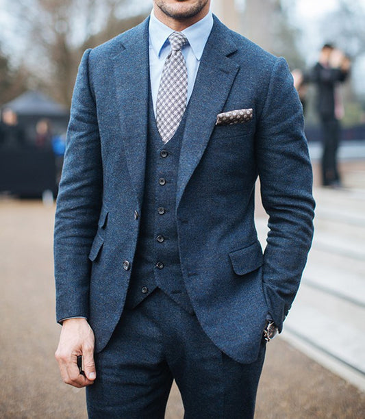 100% Wool Custom Suit Luxury Blue Grey Flannel Business Suits For Men,