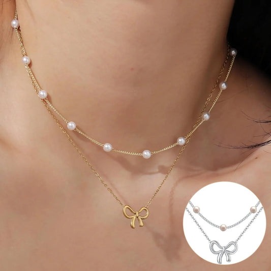 Simple Pearl Double Layer Choker Fashion Gold Color Necklaces Chain