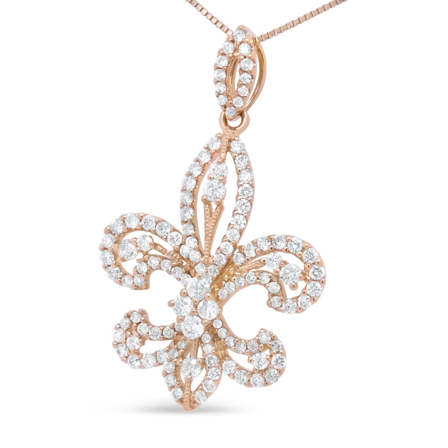 14K Yellow Gold 1.00 Cttw Round Diamond Fleur De Lis 18" Pendant
