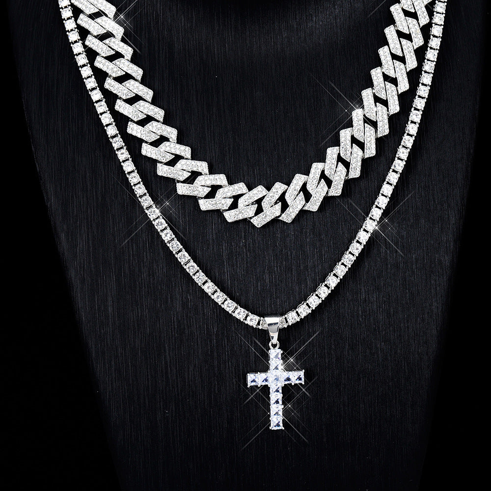 Zircon Cross Pendant Necklace Hip Hop Full Miami Curb Cuban Chain Iced