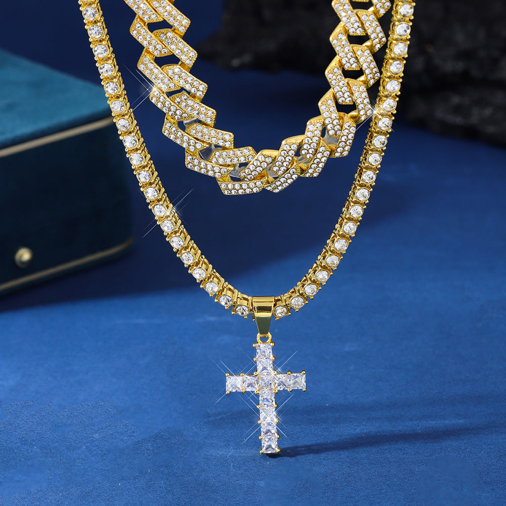 Zircon Cross Pendant Necklace Hip Hop Full Miami Curb Cuban Chain Iced