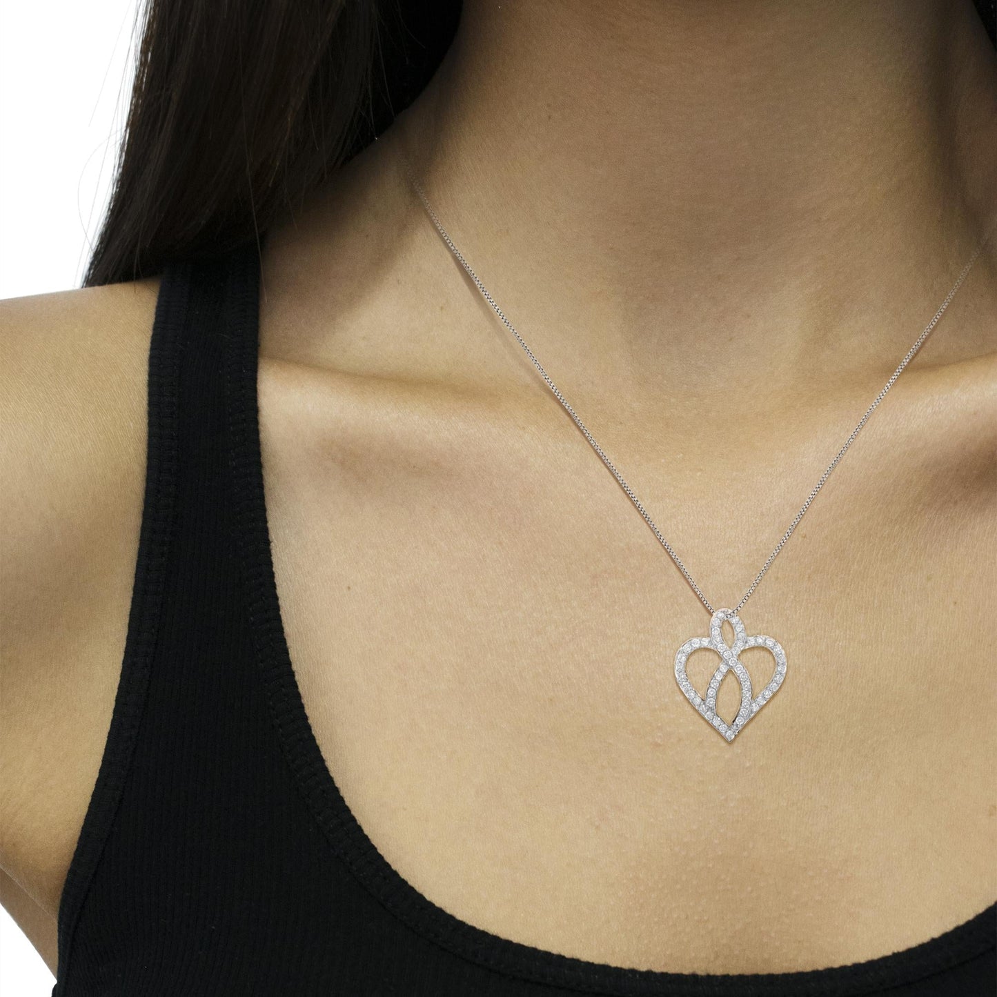 14KT White Gold 1 cttw Diamond Heart Ribbon Pendant Necklace