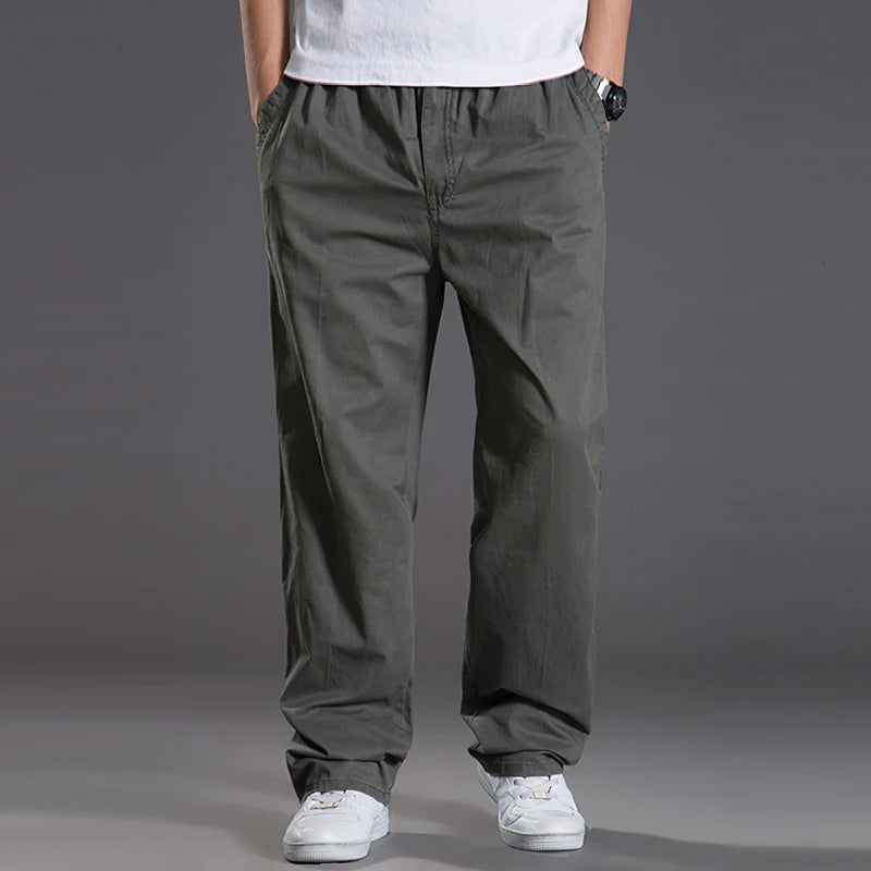 Mens casual Cargo Cotton pants men pocket loose Straight Pants Elastic