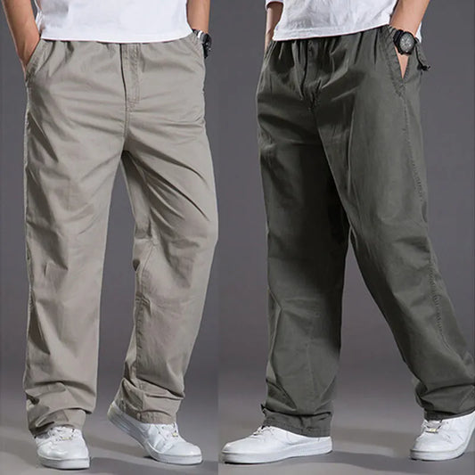 Mens casual Cargo Cotton pants men pocket loose Straight Pants Elastic