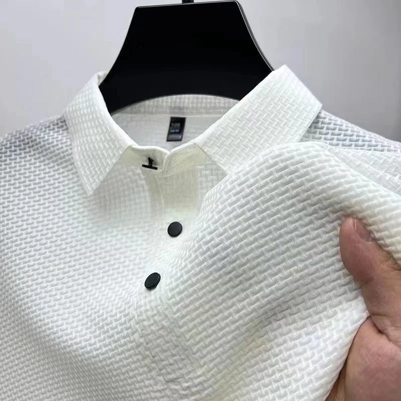 New Men's Business Casual Short Sleeved Bone Flower Solid Color POLO