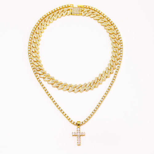 Zircon Cross Pendant Necklace Hip Hop Full Miami Curb Cuban Chain Iced