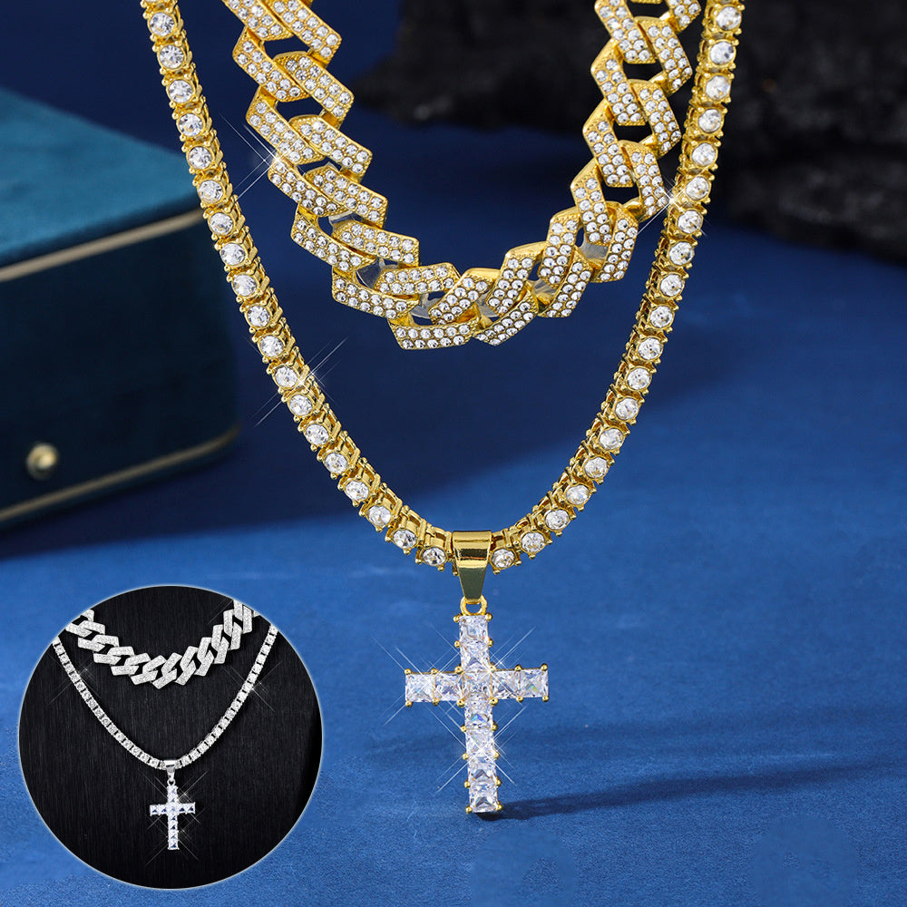 Zircon Cross Pendant Necklace Hip Hop Full Miami Curb Cuban Chain Iced
