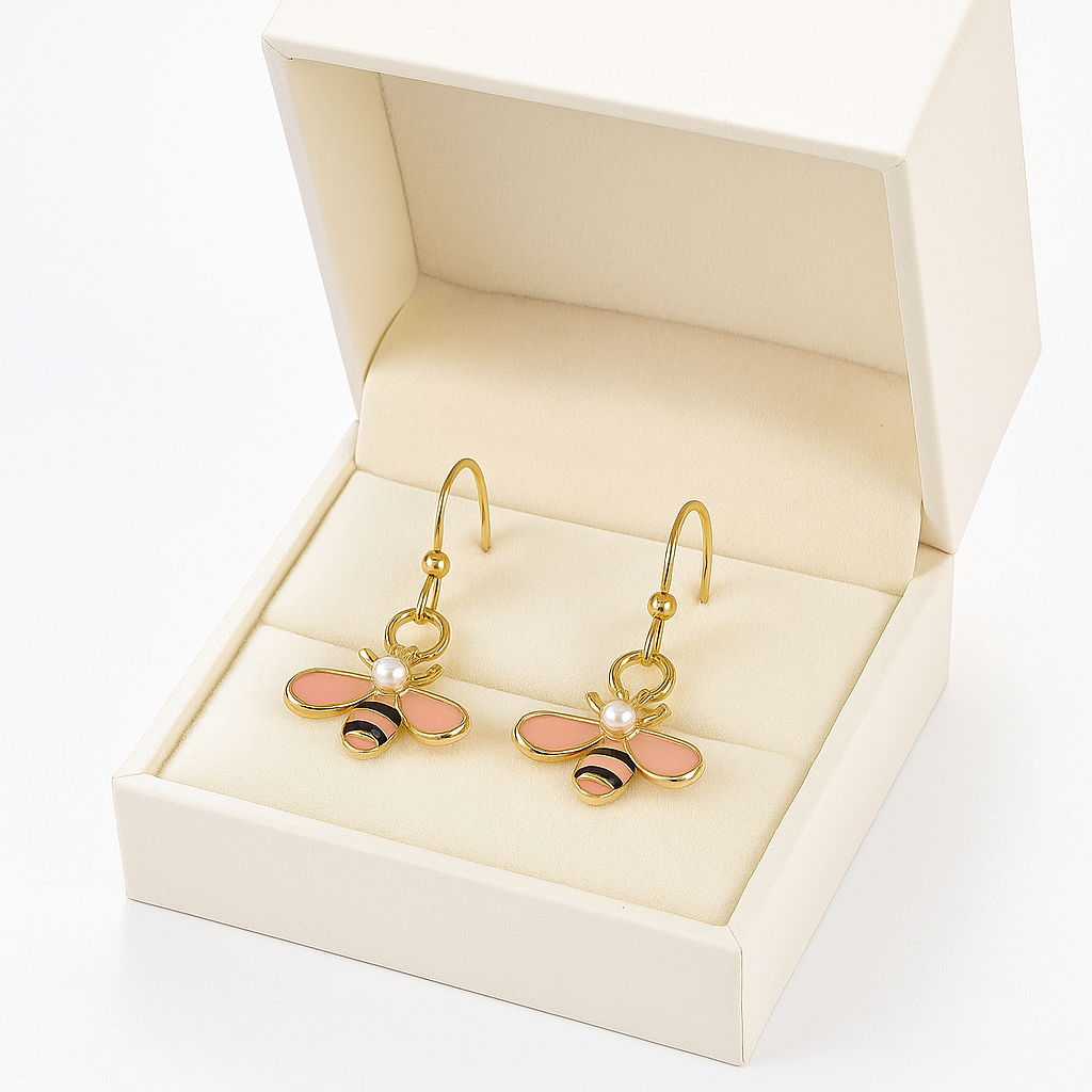 Handmade Bee Earrings and Pearl Detail,18k gold plated