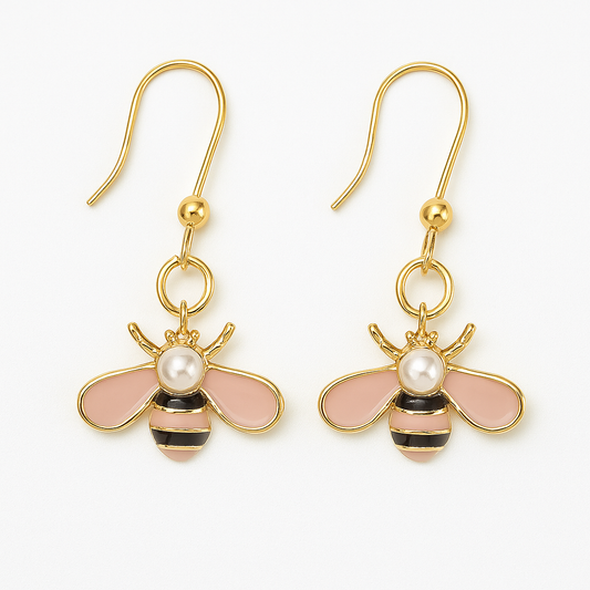 Handmade Bee Earrings and Pearl Detail,18k gold plated