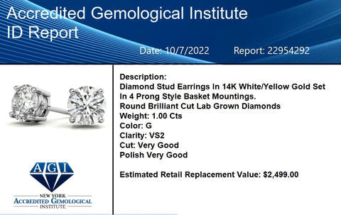 2CTW Created Moissanite Stud Earrings (G-VS) in Choice of 14K White