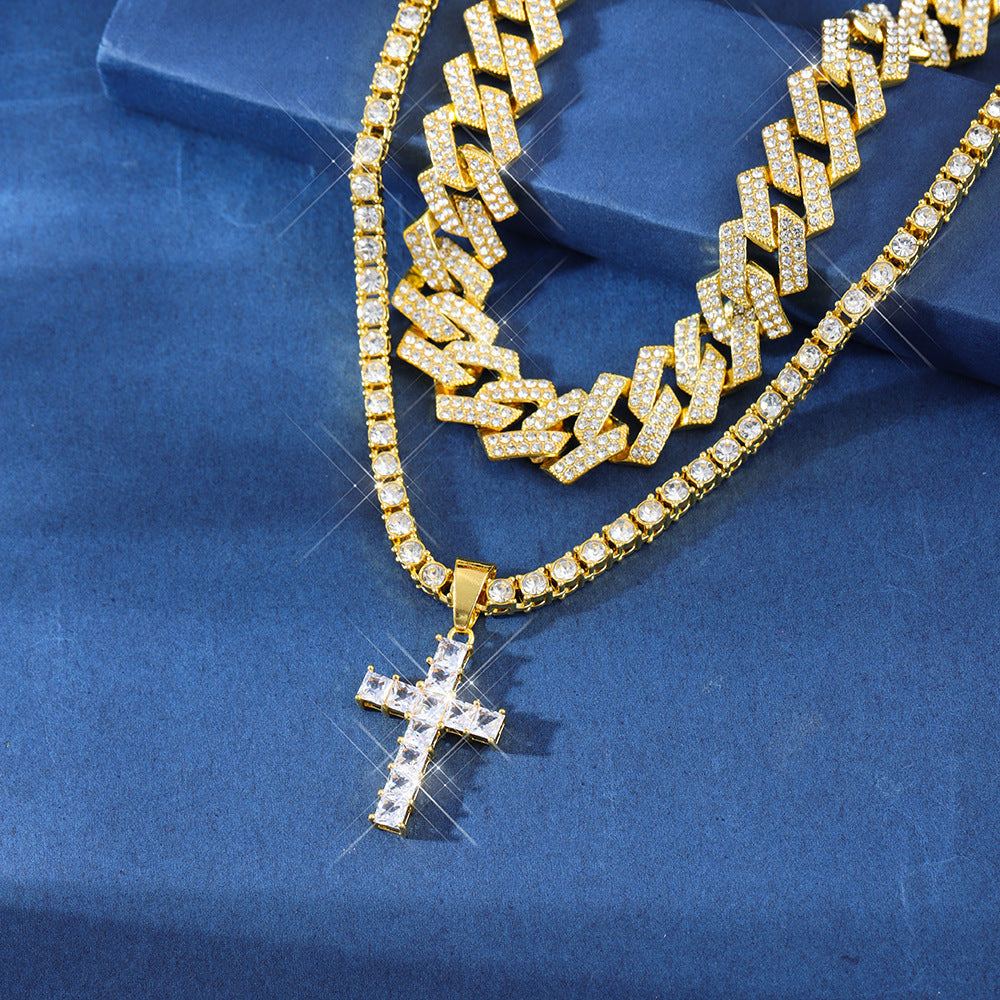Zircon Cross Pendant Necklace Hip Hop Full Miami Curb Cuban Chain Iced